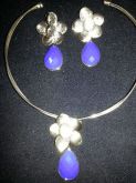 Colar e par de brincos banhados a ouro - Azul Royal
